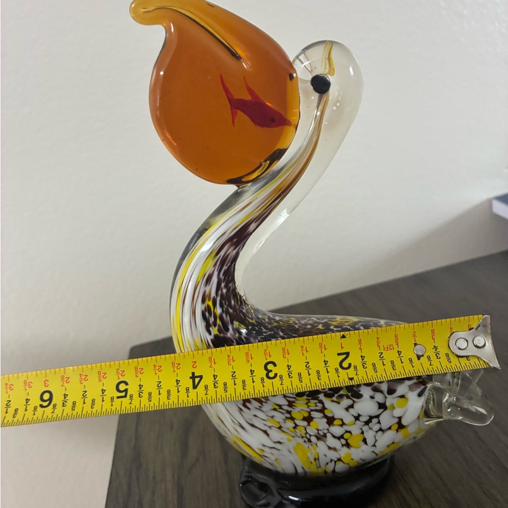 Hand Blown Glass Pelican Figurine Amber Yellow Beak Speckled Body - Picture 6 of 6